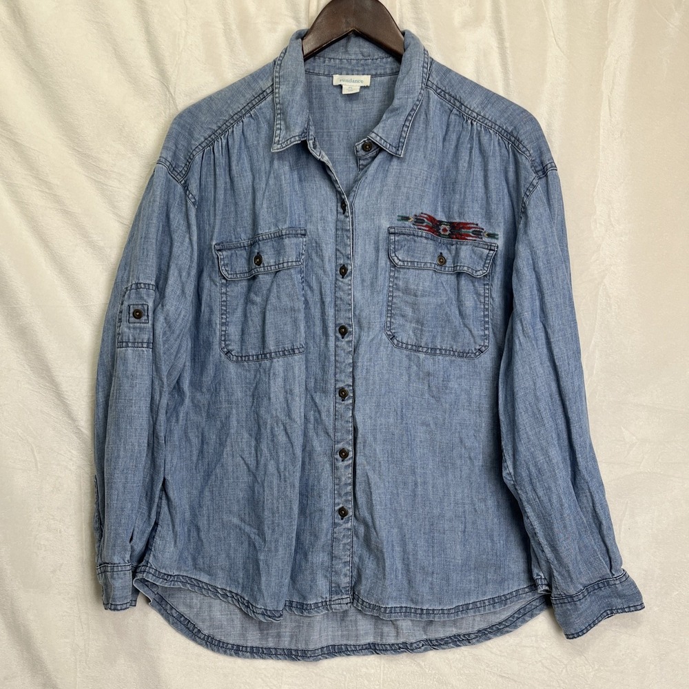 Sundance Shirt Charlotte Chambray Tribal Embroidered Linen Blend Button Petite L